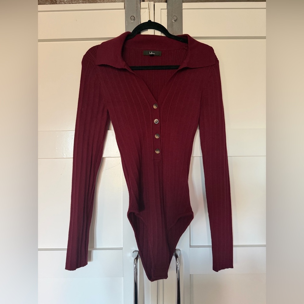Lulu's Burgundy Ribbed Button-Up Bodysuit